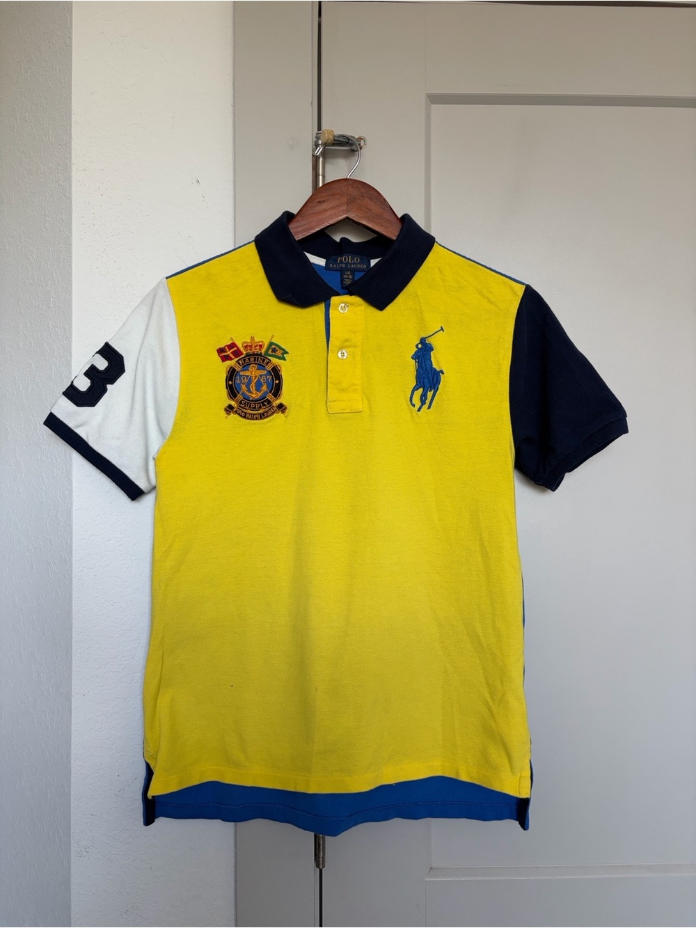 POLO RALPH LAUREN COLOR BLOCK PIG PONY MARINE SUPPLY CREST #3 POLO SHIRT KIDS L